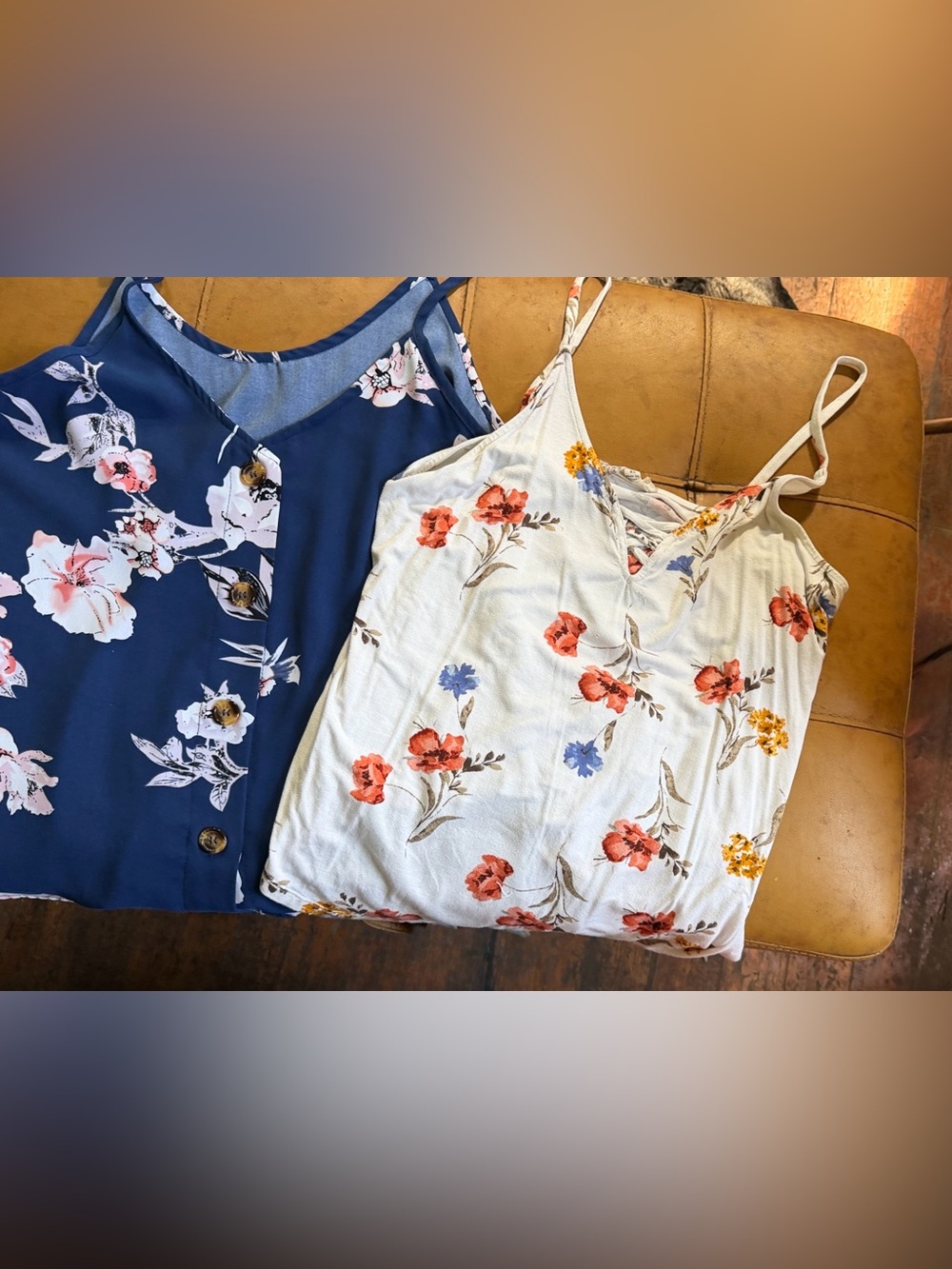 Floral V-Neck Cami Tank Top - White with Orange & Blue Floral